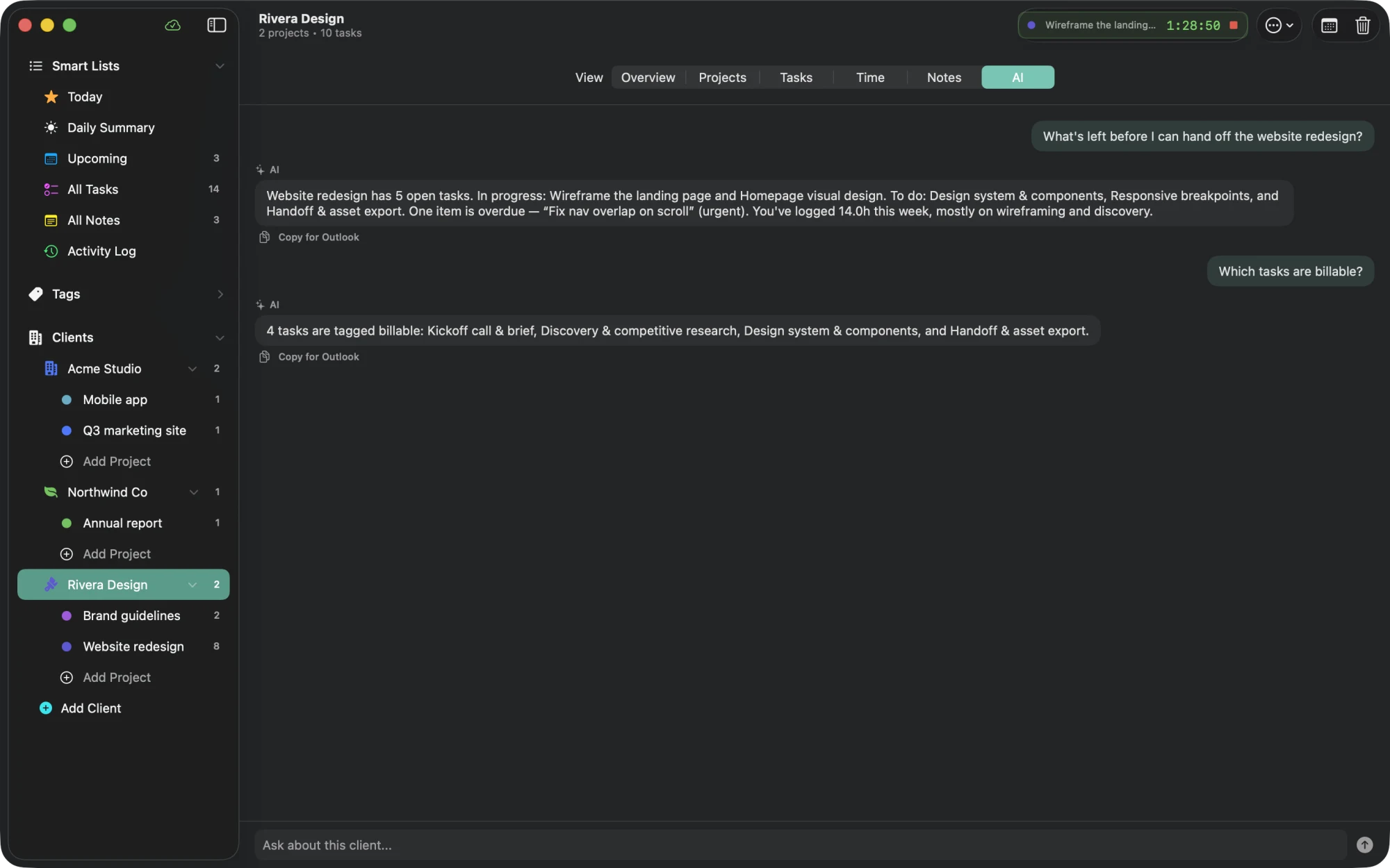 Clientry AI assistant answering questions about a client's open tasks, overdue items, hours logged, and billable tasks.