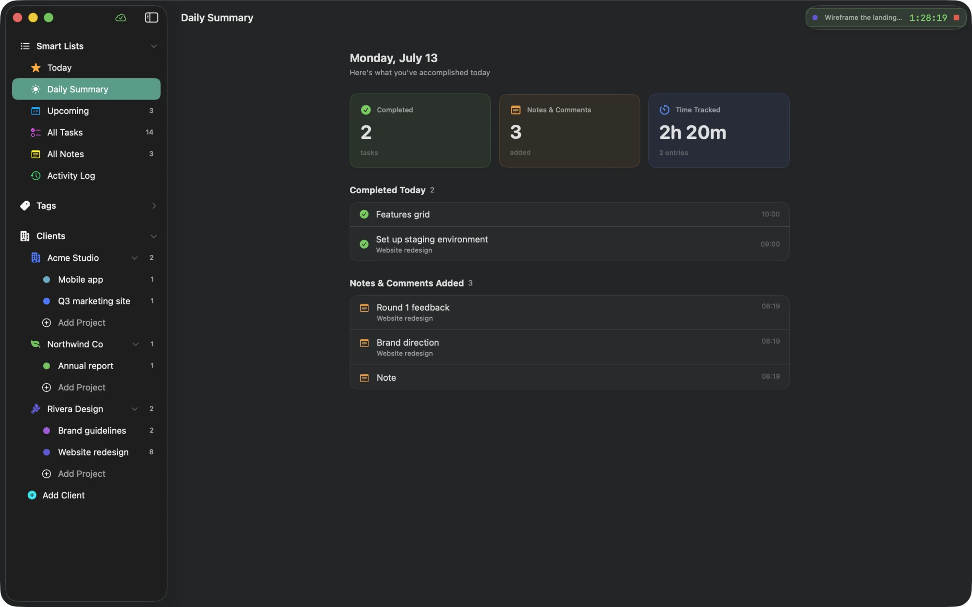 Clientry daily summary: what you completed today, notes and comments added, and time tracked.