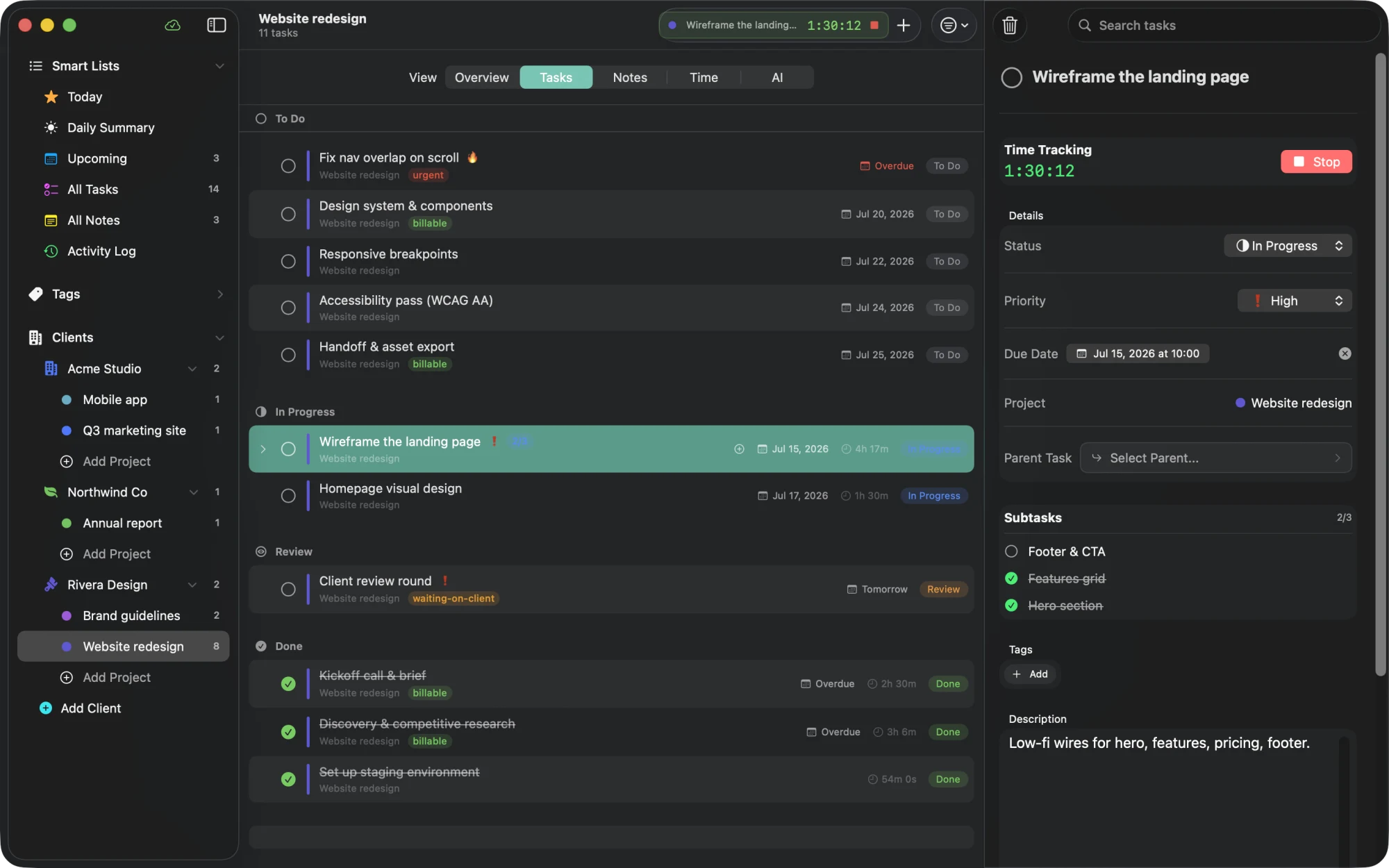 Clientry task detail with a running timer, status, priority, due date, subtasks with progress, and a description.