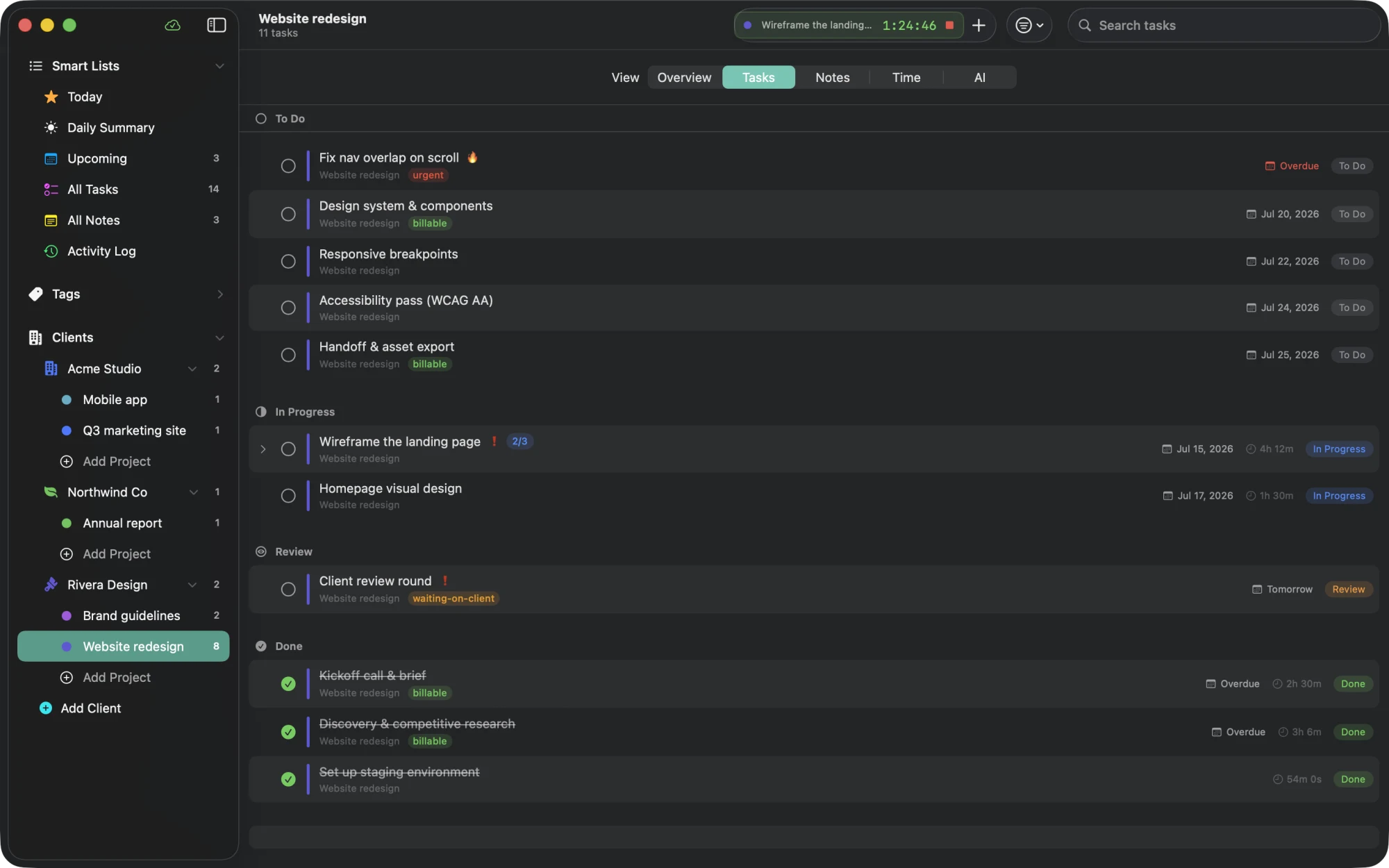 Clientry task list grouped by status with priorities, due dates, colored tags, an overdue marker, and the client and project sidebar.